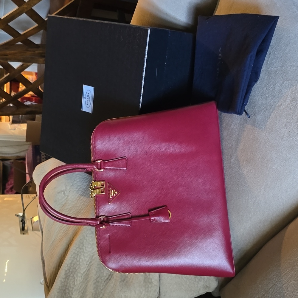 Prada Saffiano Raspberry Double Handle Purse With… - image 1